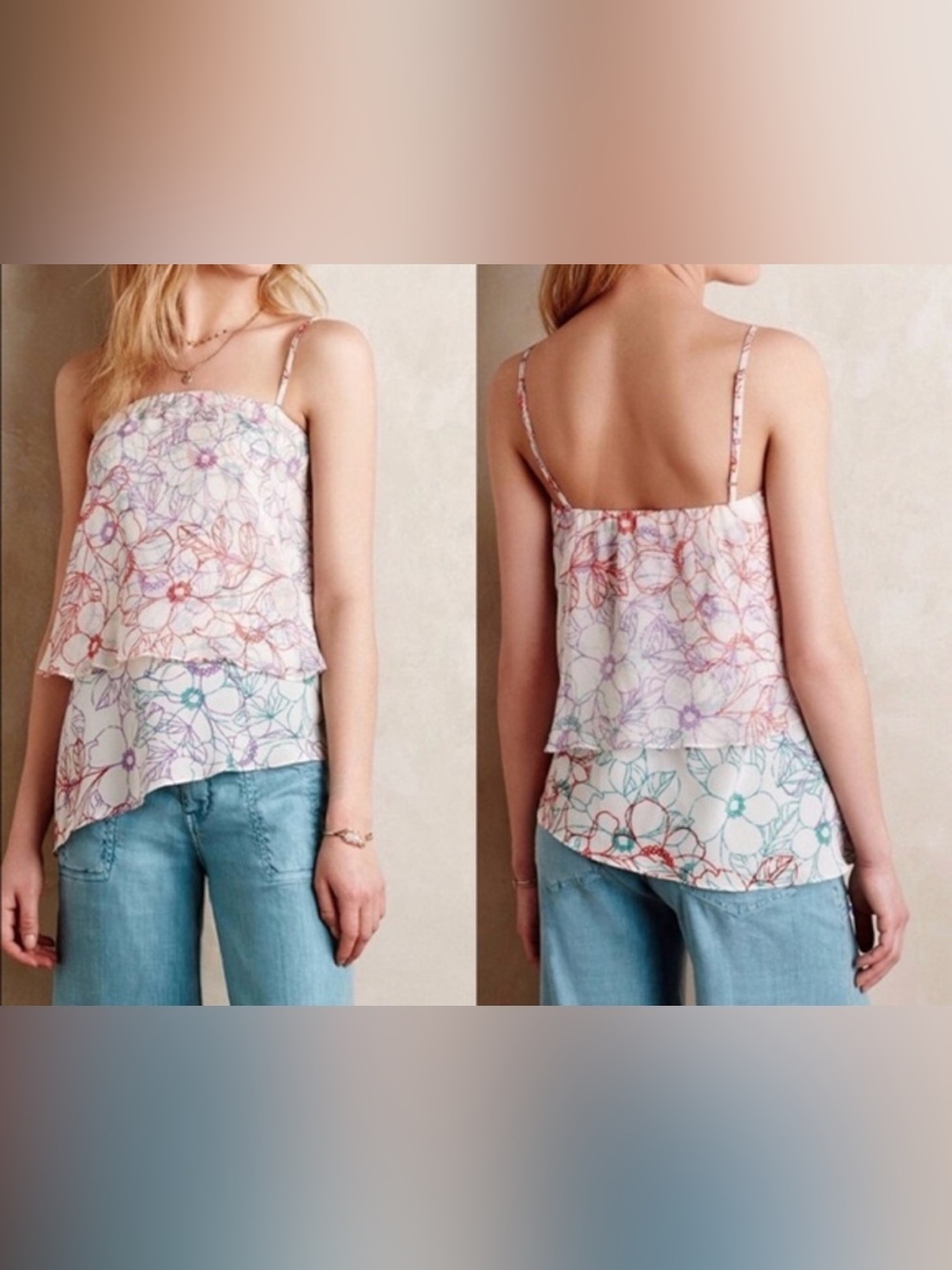 Maeve Silk White Floral Layered Asymmetrical Spaghetti-Strap Blouse - Size XS